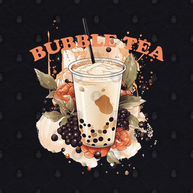BUBBLE TEA  - boba tea - tapioca, flowers and green leafs by OurCCDesign